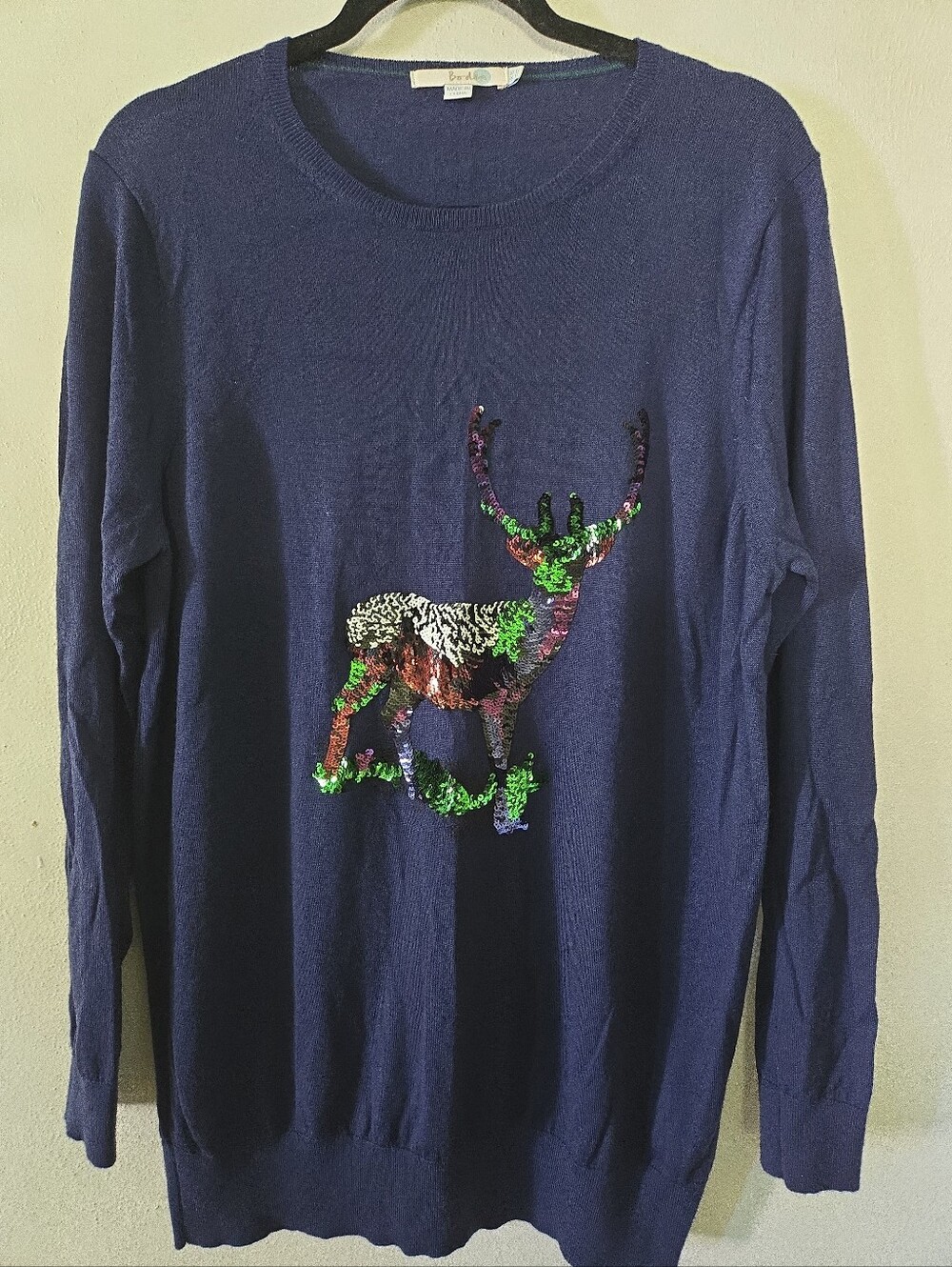 Boden Festive Sequined Reindeer Navy Blue Wool Sweater 12
